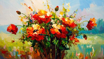 Vibrant bouquet of poppies in a colorful landscape painting, featuring bold brushstrokes and a range of warm and cool hues.