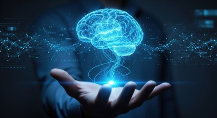 Human hand holding digital brain with glowing network, representing artificial intelligence and future technology, perfect for innovation and science visuals.