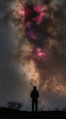 A captivating view of a lone figure gazing upward at the majestic night sky, where vibrant stars and cosmic clouds create a breathtaking celestial spectacle of beauty and wonder.
