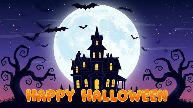 Spooky Halloween night scene with haunted house, bats, full moon, and swirling trees under a starry sky, perfect for holiday celebrations