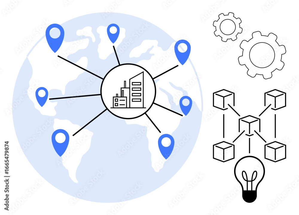 Poster world map with location markers connected to a central hub, blockchain structure, gears, and a light