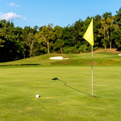 Obraz premium Golf course scene with a yellow flag