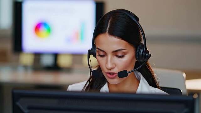 Asian woman wearing headset working at computer with charts on screen - Powered by Adobe