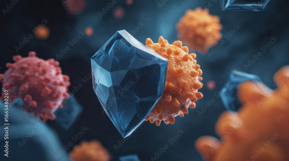 Poster intricate detail of microscopic particles interacting with viral structures in a cellular environmen