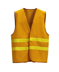 Bright orange safety vest with reflective yellow stripes on transparent background
