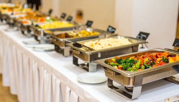 An elegant catering buffet line with a variety of hot dishes in stainless steel warmers on a long white tablecloth for a special event or celebration