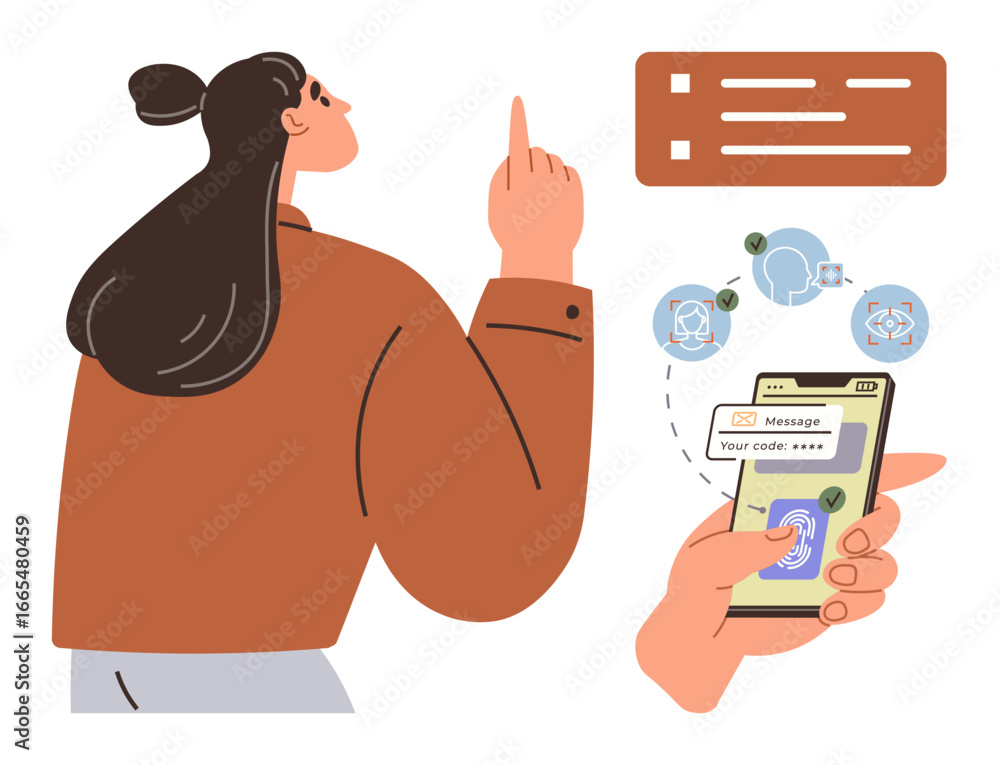 Poster woman pointing to a concept while holding a smartphone showing a message verification code. ideal fo