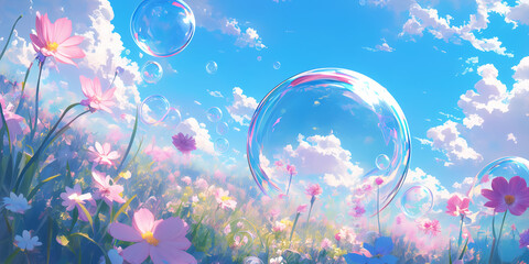 鮮やかな花々に囲まれた花畑の中に浮かぶシャボン玉を描いたイラスト。自然と透明感の融合が美しく、広告や書籍の挿絵、背景素材として活用できる作品で、季節感を表現したデザイン用途に最適。