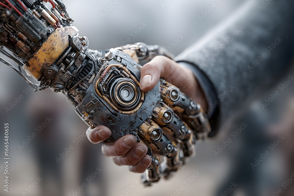 Poster a symbolic handshake between a human and a weathered complex android with exposed mechanics.