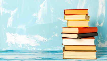 A Tower of Tales Stacked Hardcover Books Against a Textured Blue Backdrop