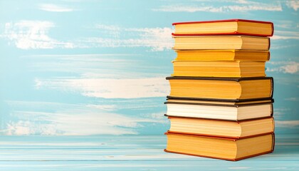 Photorealistic capture of a tall, slightly leaning stack of diverse hardcover books on a rustic blue wooden surface, ideal for education and literary themes