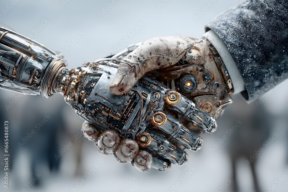 Poster a detailed handshake between two weathered complex robotic hands with glowing mechanical components.
