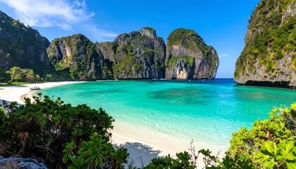 Fototapeta premium Maya Bay Paradise A Tropical Island Getaway with Turquoise Waters and Lush Greenery