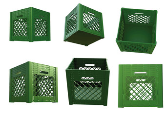 A green square plastic milk crate from six angles as vector file created by 3D modeling.