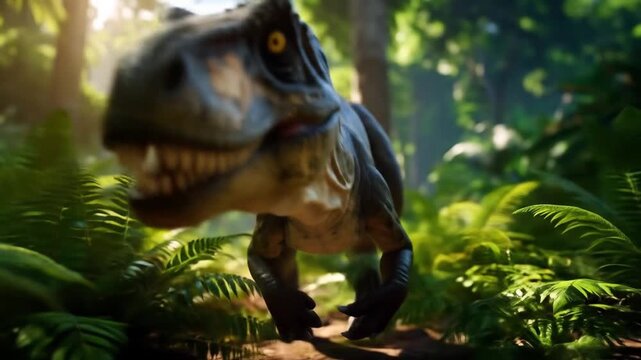 CGI Allosaurus Running Through Lush Green Jungle with Dinosaur Illustration.