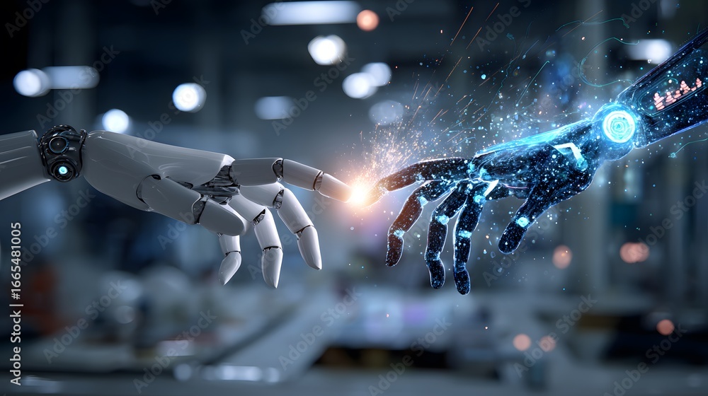 Poster white robotic hand touching a blue digital hand creating a spark of light and data.