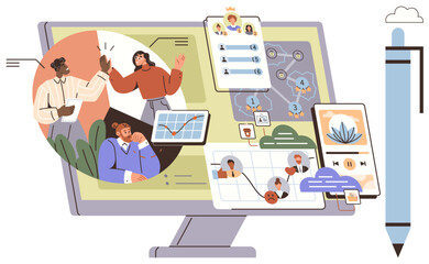 Diverse team collaborating through charts, profiles, maps, and interactive tools. Ideal for teamwork, data visualization, online meetings, project management, communication remote work simple flat