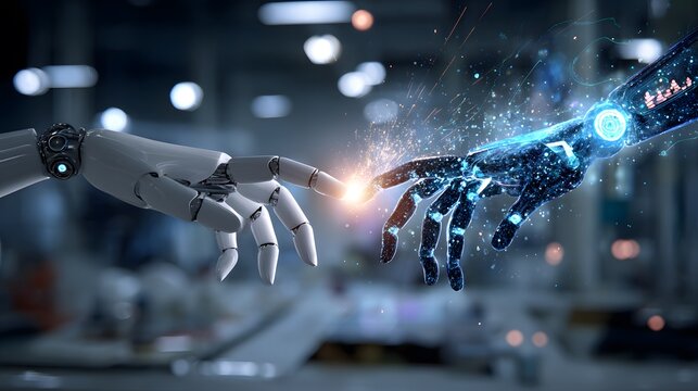 White robotic hand touching a blue digital hand creating a spark of light and data. - Powered by Adobe