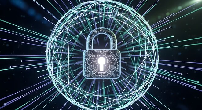 Digital padlock secured within a glowing network sphere - Powered by Adobe