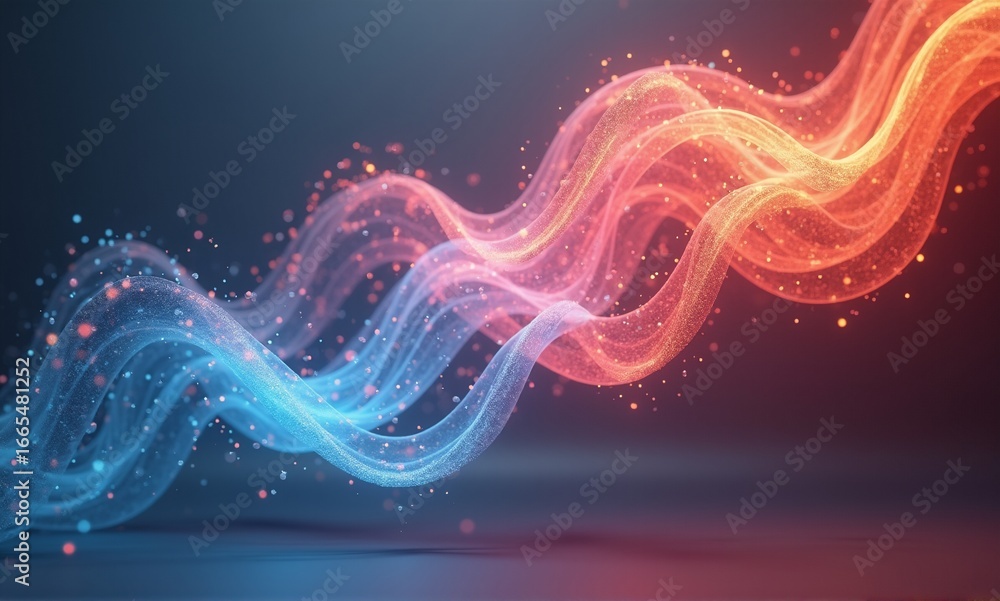 Poster vibrant blue and red glowing energy waves flow dynamically with sparkling particles on a dark backgr