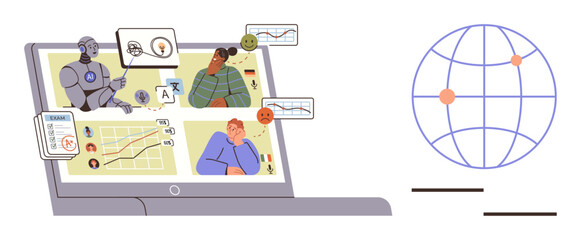 Laptop screen displaying AI, data analytics, global connections, and diverse professionals in virtual collaboration. Ideal for technology, AI, data trends, communication, globalization remote work