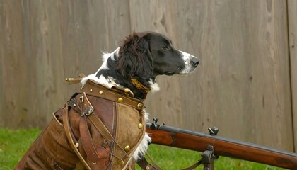 A black and white hunting dog, wearing a brown leather hunting outfit, sits attentively beside a rifle.