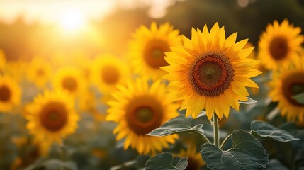 Fototapeta premium Golden field of sunflowers basking in the warm glow of the sunset light