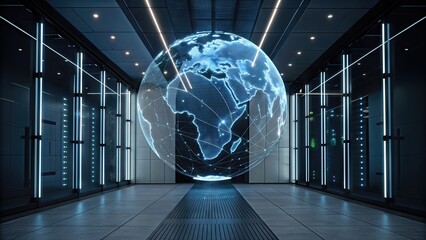 A futuristic data center with a holographic globe displaying Africa, surrounded by sleek lighting and digital infrastructure.