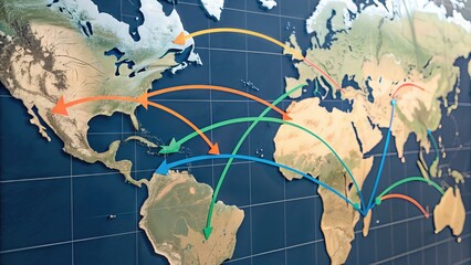 A detailed world map shows various routes connecting continents, illustrated with colorful arrows indicating travel or trade pathways.