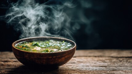 Warm Soup Steaming in a Wooden Bowl on a Rustic Table Set in a Cozy Indoor Kitchen