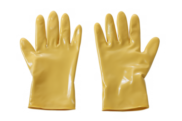 Pair of bright yellow rubber gloves with textured grip on transparent background