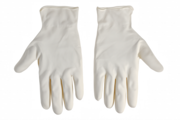 Pair of white latex gloves with textured fingertips on transparent background