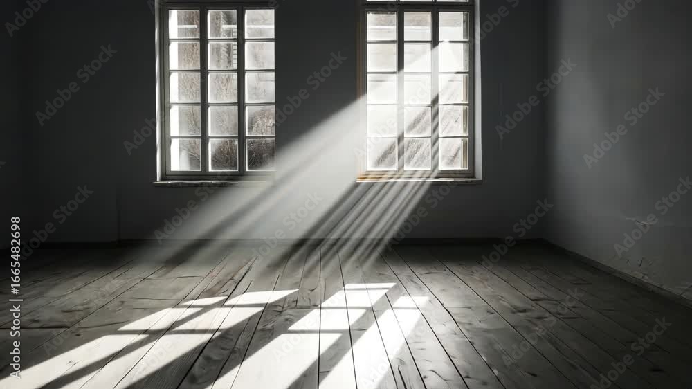 Poster sunlight streaming through windows into an empty room, creating shadows, ideal for backgrounds and