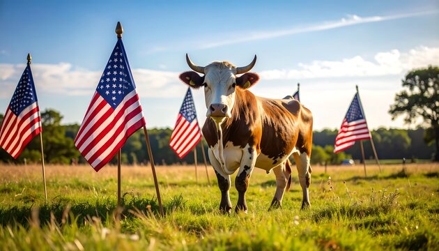 Cow with American Flags, Pasture, and Summer.