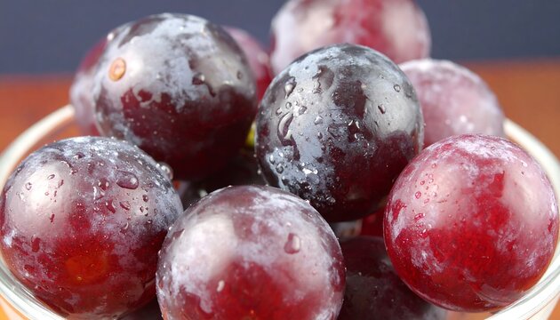 Close-up view of a cluster of fresh, plump red grapes, glistening with water droplets, arranged in a clear glass bowl. - Powered by Adobe