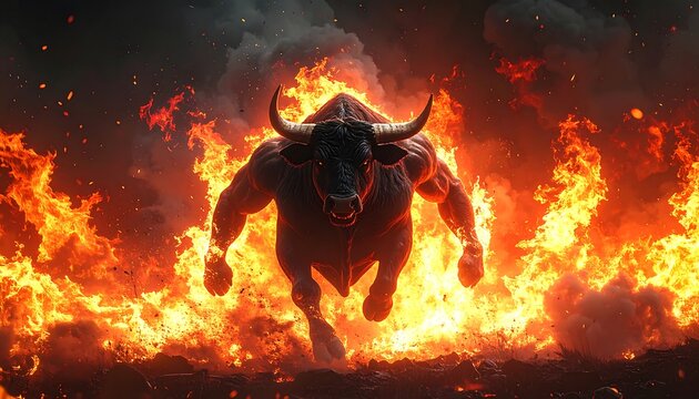 A powerful bull, engulfed in flames, charges forward in a dramatic, fiery scene.