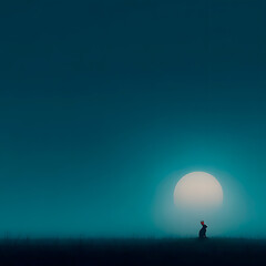 Fototapeta premium Minimalist scene of rabbit silhouette under large moonlight