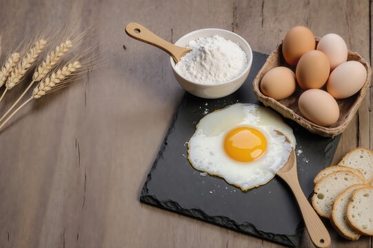 Freshly cooked sunny-side-up egg with ingredients for baking on a wooden table