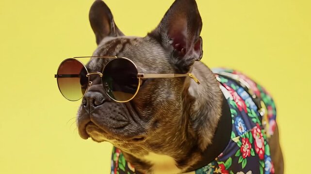 Trendy French Bulldog in stylish round sunglasses and a vibrant floral bomber jacket against a bright yellow background.
