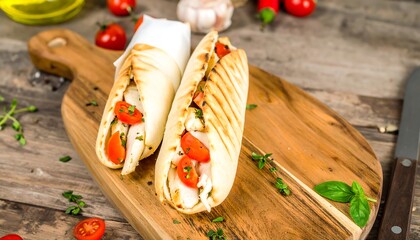Two grilled chicken wraps, filled with savory ingredients, rest on a rustic wooden board.