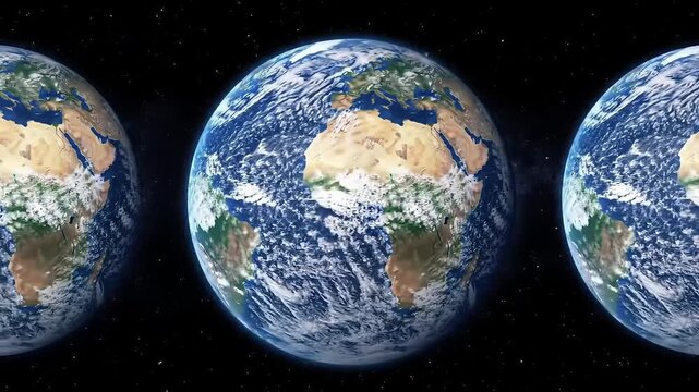 Three identical realistic Earths in dark starry space, showcasing Africa, Europe, and dynamic white clouds.