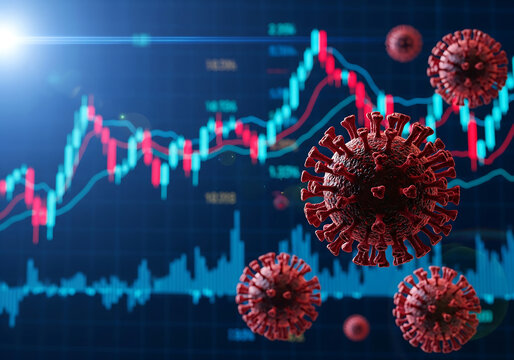 Virus particles with financial graphs, economic downturn concept