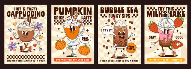 Fototapeta premium Cartoon groovy coffee and milkshake drinks characters with funny faces, vector posters. Groovy dessert drink characters of cappuccino and pumpkin latte with bubble tea and milkshake on groovy posters