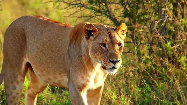 Majestic African Lioness Strolling Through Golden Savanna Grass in Golden Hour Light Natural Habitat Wildlife Safari