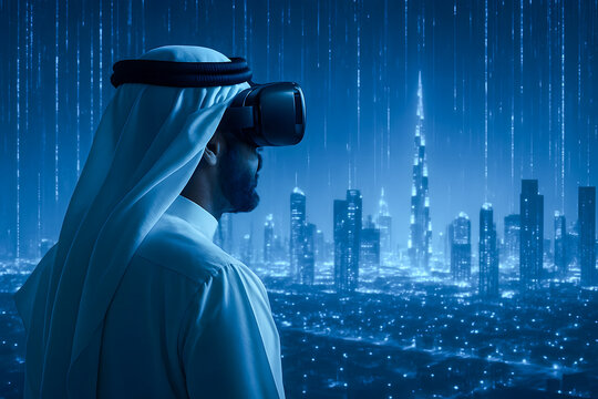 Arab businessman wearing VR headset experiencing futuristic Dubai cityscape in virtual reality