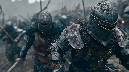 Battle of The Knights: An evocative shot of armored knights charging fiercely into battle, capturing the raw intensity, chaos, and bravery of a medieval conflict in a cinematic frame.