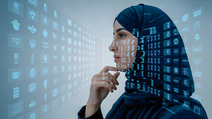 Muslim woman in hijab with digital interface technology and future concept