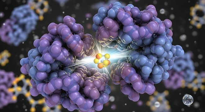 Luminous Molecular Interaction - A Dimeric Protein Binding a Glowing Ligand at its Symmetrical Active Site.