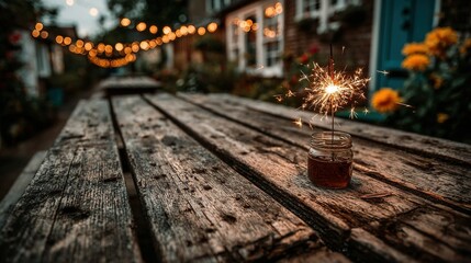 Wooden table with drink and sparkler outside with lights and building background.