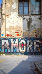 Graffiti-covered building exterior with large word "amore